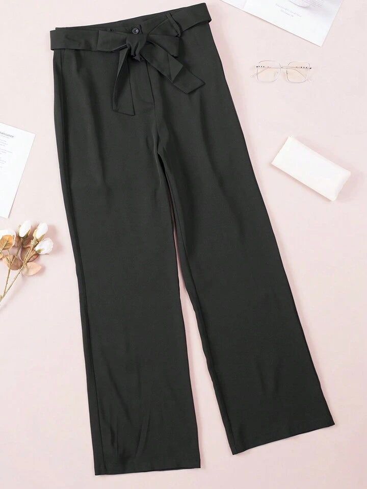 CM-BS399998 Women Casual Seoul Style Solid Color Front Tie Loose Flared Pants - Black