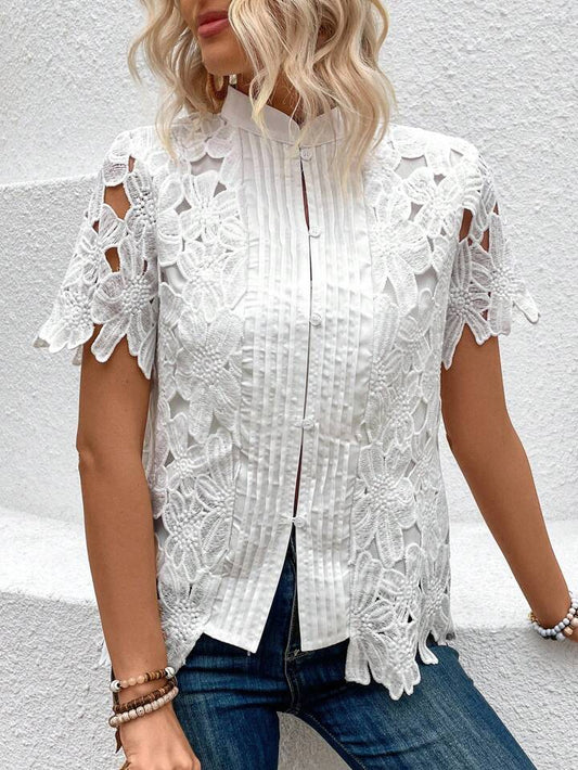 CM-TS360135 Women Trendy Bohemian Style Lace Panel Stand Collar Short Sleeve Blouse - White