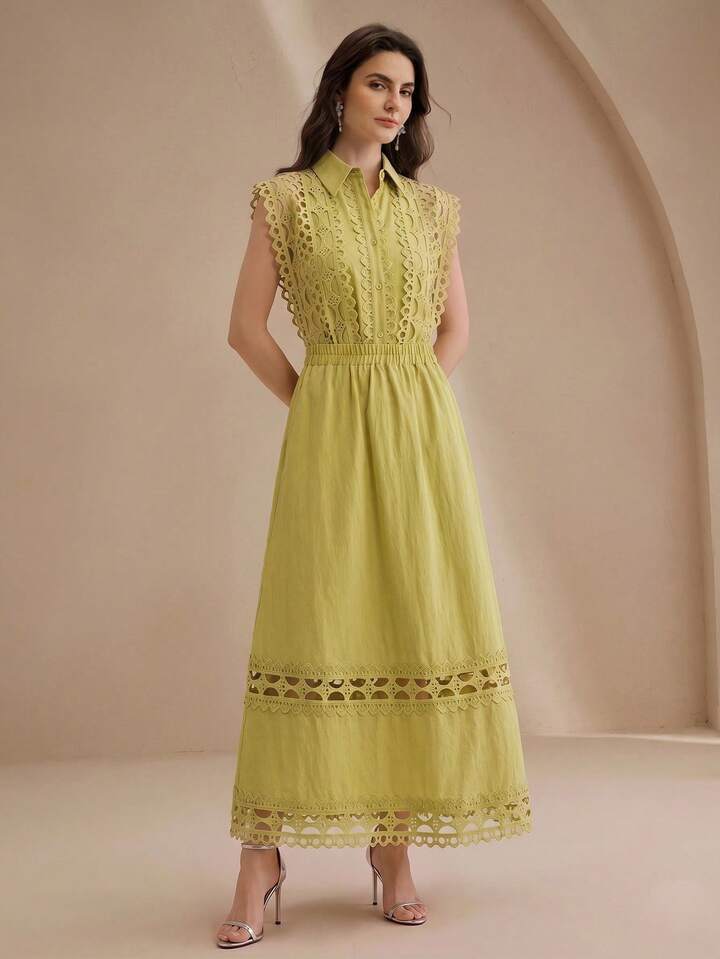 CM-SS636973 Women Elegant Seoul Style Hollow Floral Splice Collar Neckline Sleeveless Shirt With Flared Skirt - Set