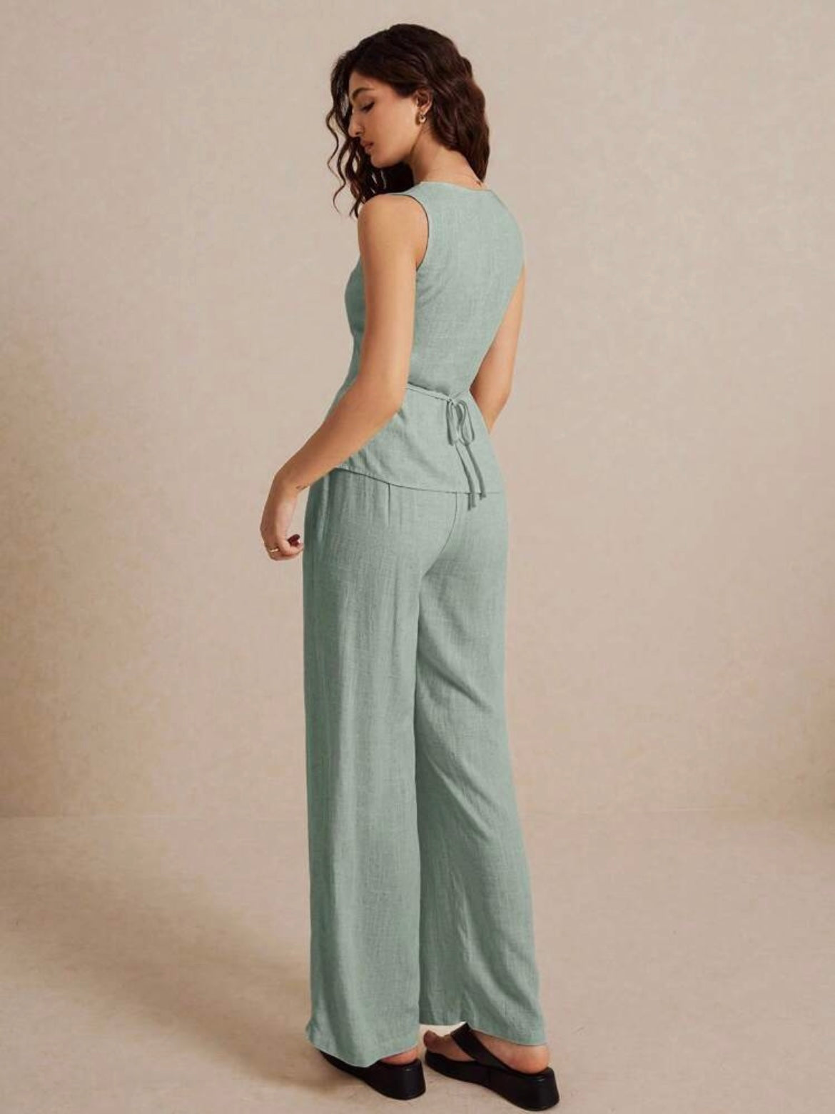 CM-SS607027 Women Casual Seoul Style Metal Button Embellishment Split Square Neck Sleeveless Vest With Pants - Set