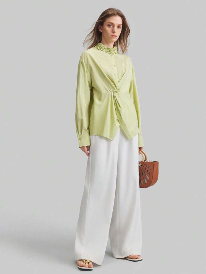 CM-TS540434 Women Elegant Seoul Style Stand Collar Drop Shoulder Long Sleeve Asymmetrical Shirt - Green