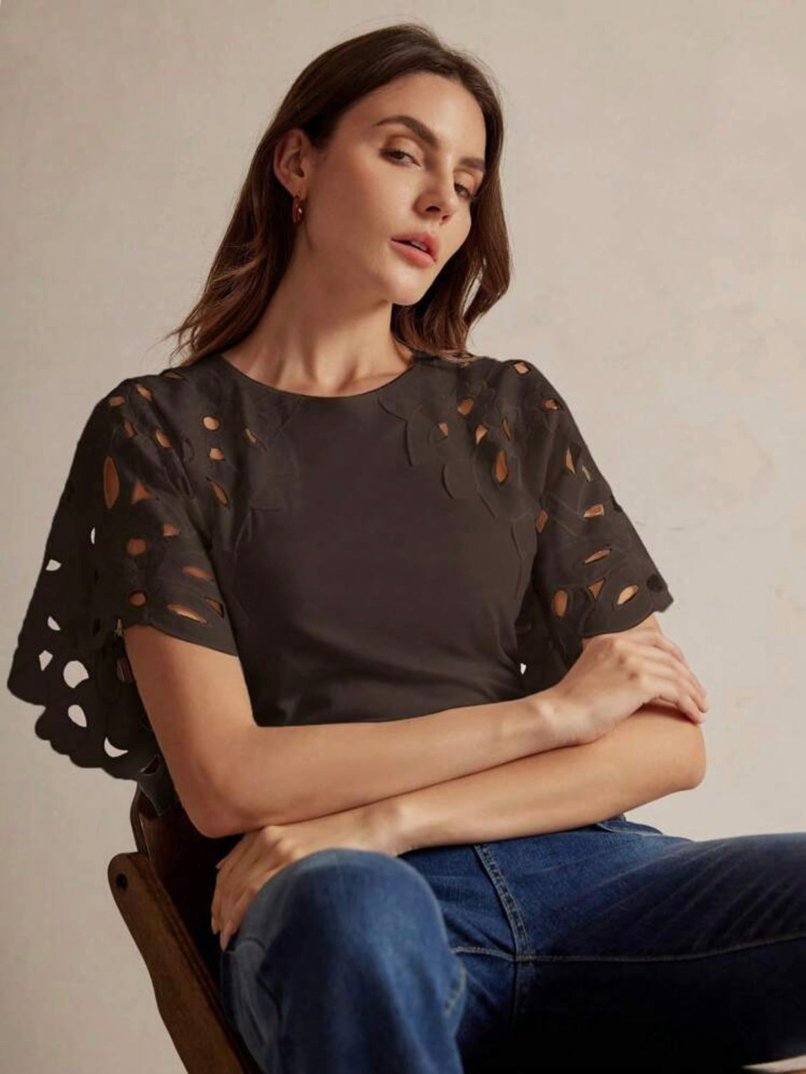 CM-TS648548 Women Elegant Seoul Style Solid Color Hollow-Out Short Sleeve T-Shirt - Coffee Brown
