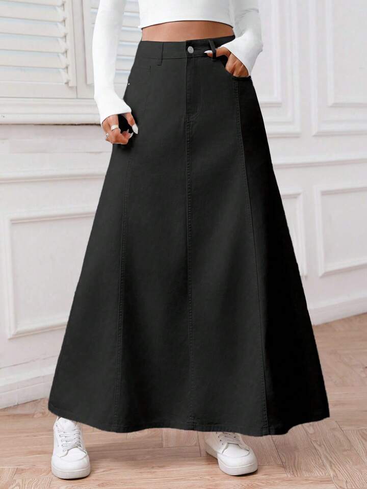 CM-BS151661 Women Casual Seoul Style Solid Color Front Button Pocket Denim Midi Skirt - Black