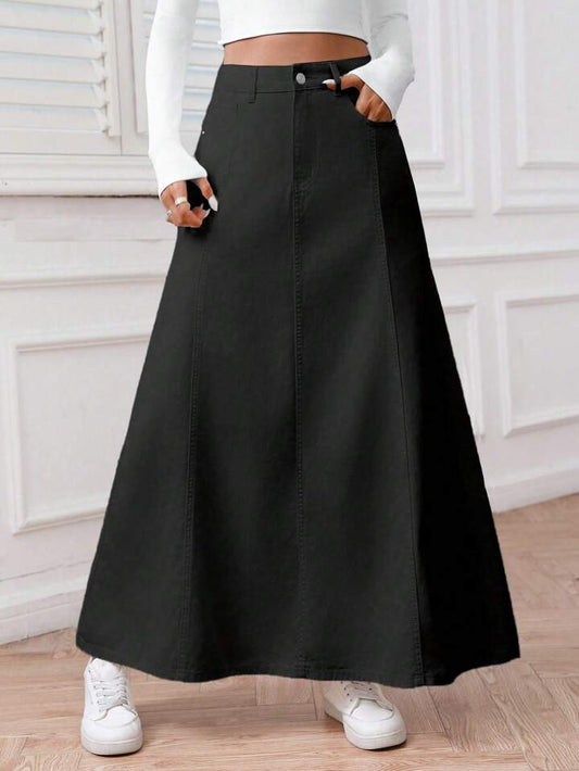 CM-BS151661 Women Casual Seoul Style Solid Color Front Button Pocket Denim Midi Skirt - Black