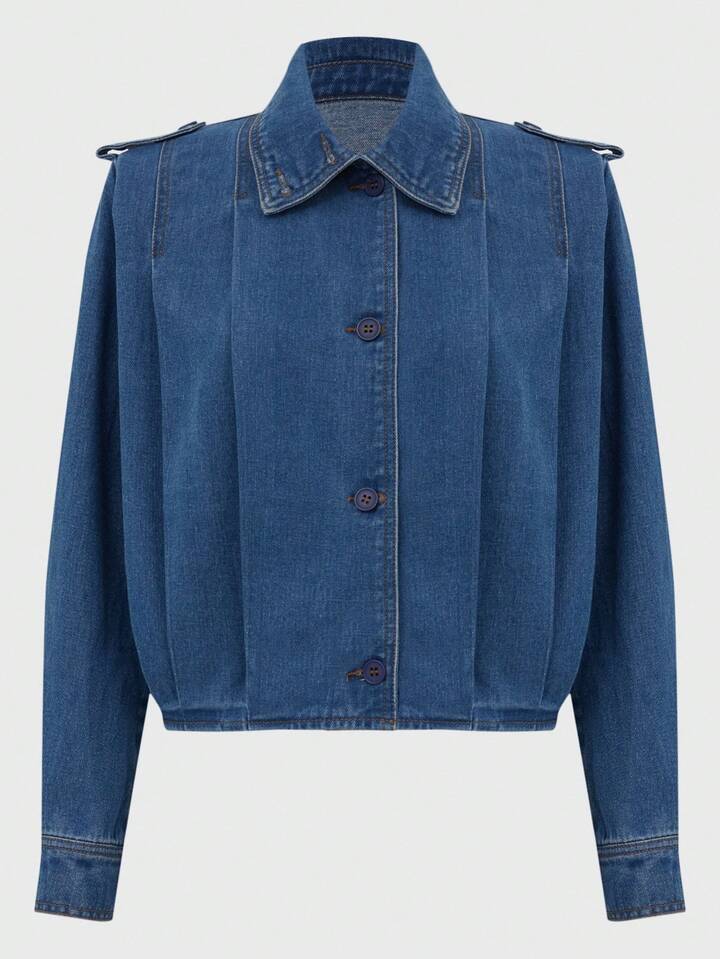 CM-TS750414 Women Elegant Seoul Style Medium Wash Collar Neckline Single-Breasted Long Sleeve Denim Blouse