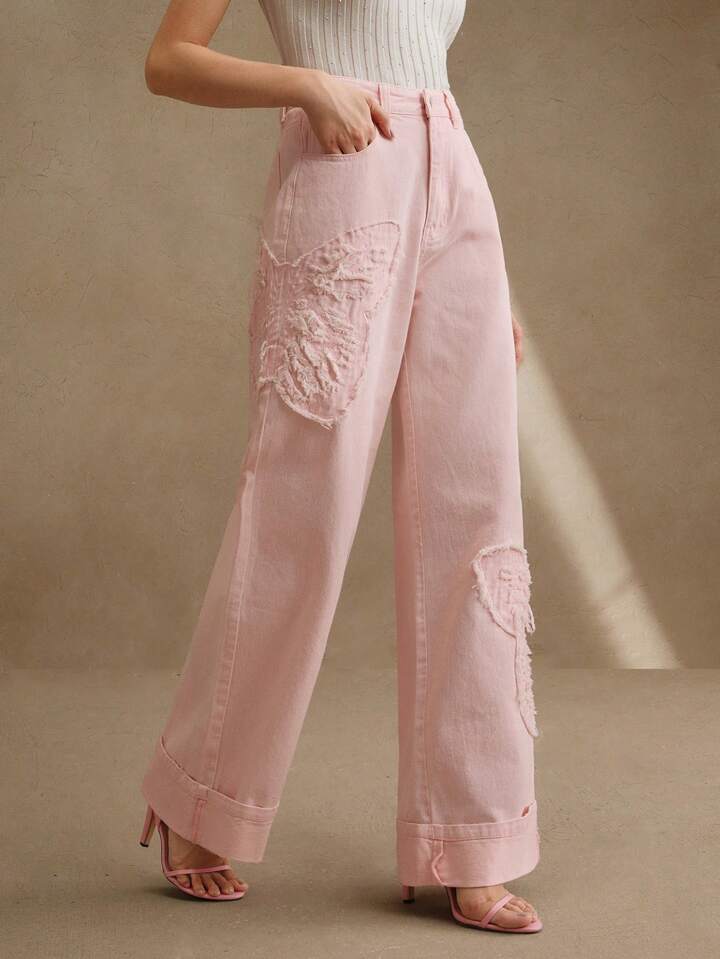 CM-BS264669 Women Casual Seoul Style Mid Waist Embroidered Straight Leg Jeans - Pink