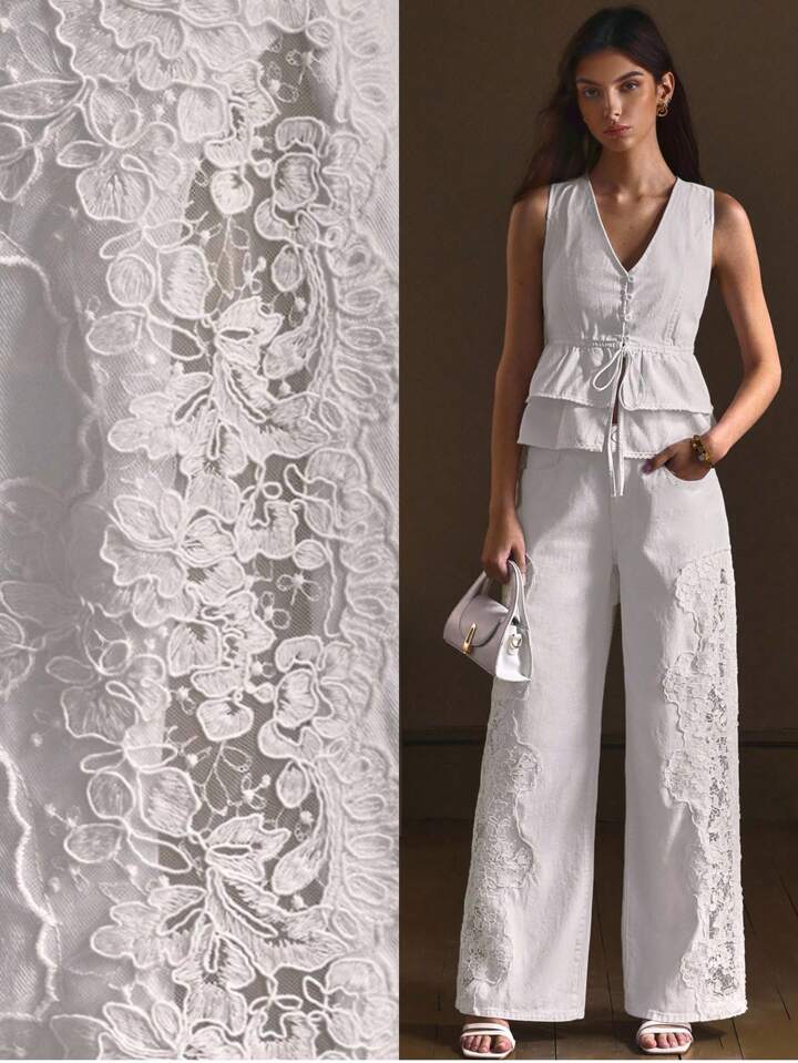 CM-BS662269 Women Casual Seoul Style Low Waist Lace Patchwork Hollow Out Slim Fit Jeans - White
