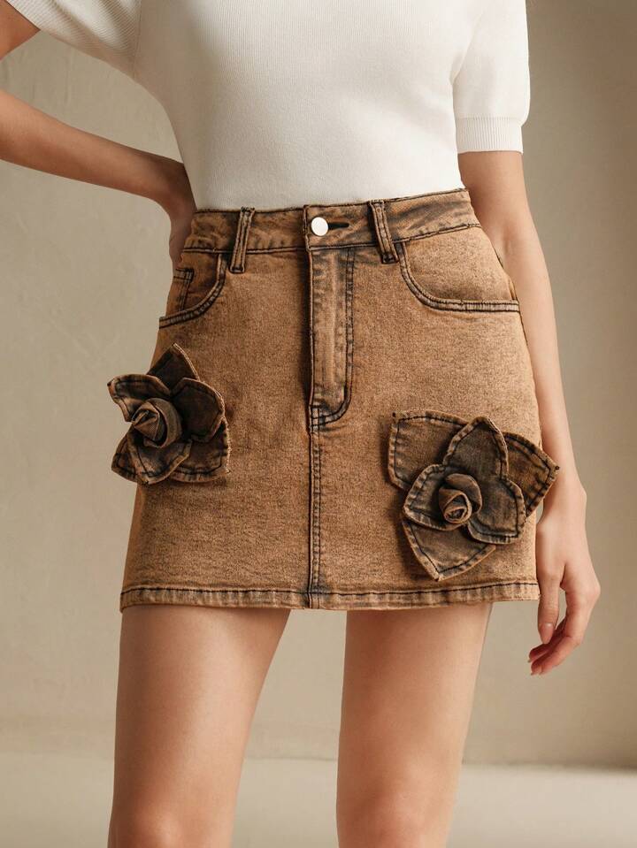 CM-BS455021 Women Casual Seoul Style 3D Floral Decor Denim Mini Skirt