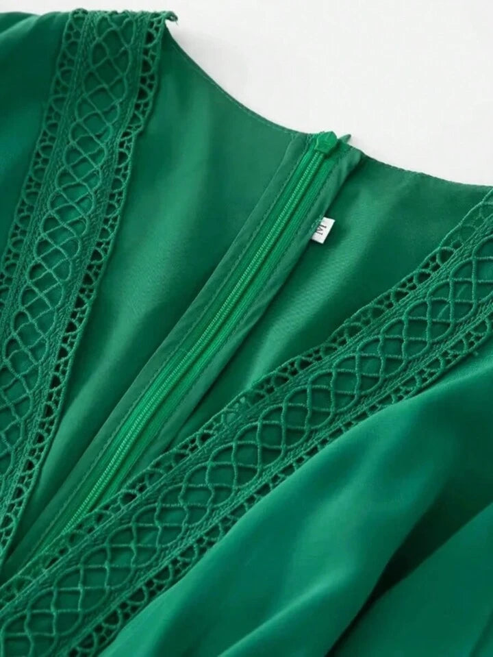 CM-DS217609 Women Elegant Seoul Style V-Neck Lantern Sleeve Hollow Out Ruffle Maxi Dress - Green