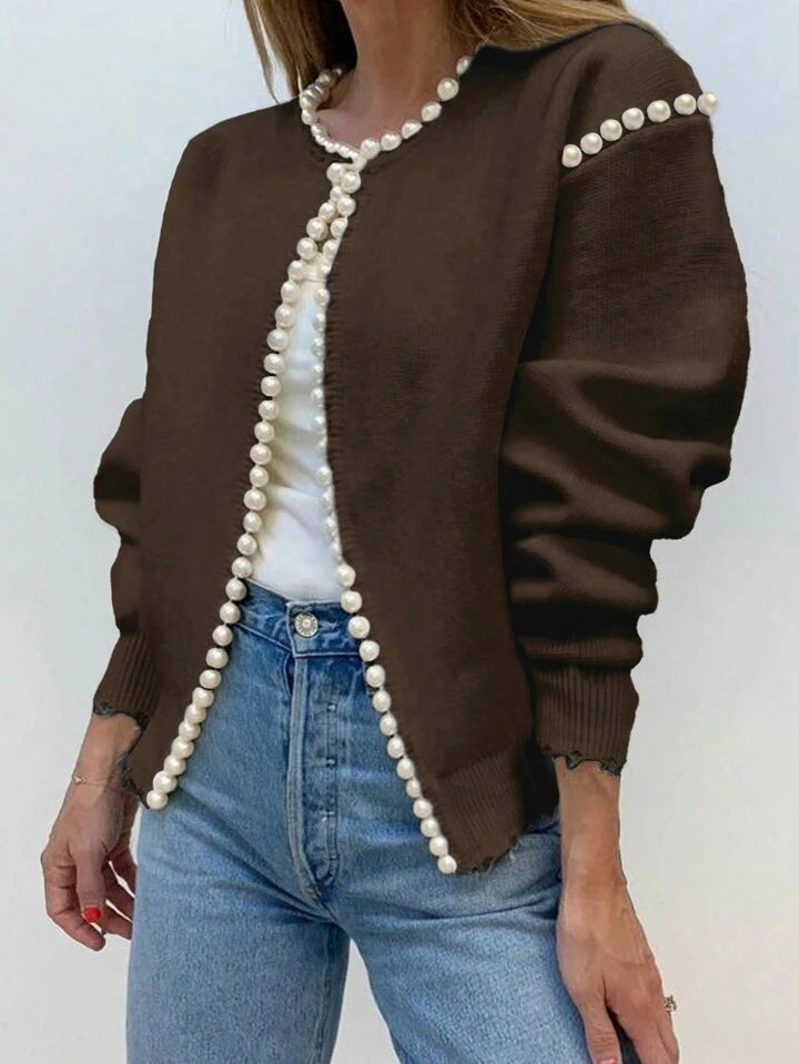 CM-CS666168 Women Casual Seoul Style Pearl Trim Distressed Hem Long Sleeve Knit Sweater - Brown