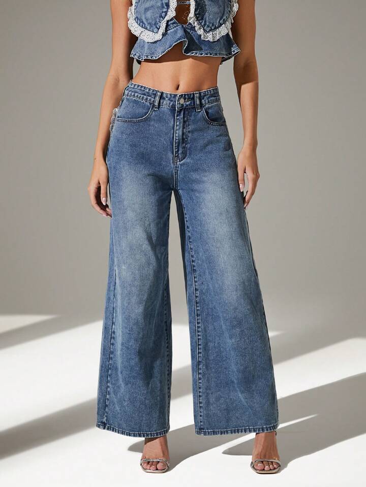 CM-BS454761 Women Casual Seoul Style Washed Heart Shape Ruffle Hem Wide Leg Jeans