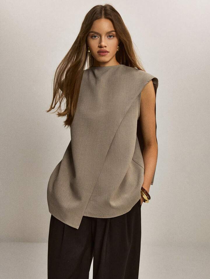CM-TS822293 Women Elegant Seoul Style Stand Collar Sleeveless Asymmetric Hem Loose Blouse - Apricot