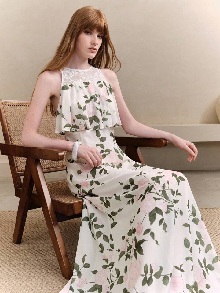 CM-DS131104 Women Elegant Seoul Style Floral Print Crew Neck Waist Cinching Lace Patchwork Ruffle Maxi Dress