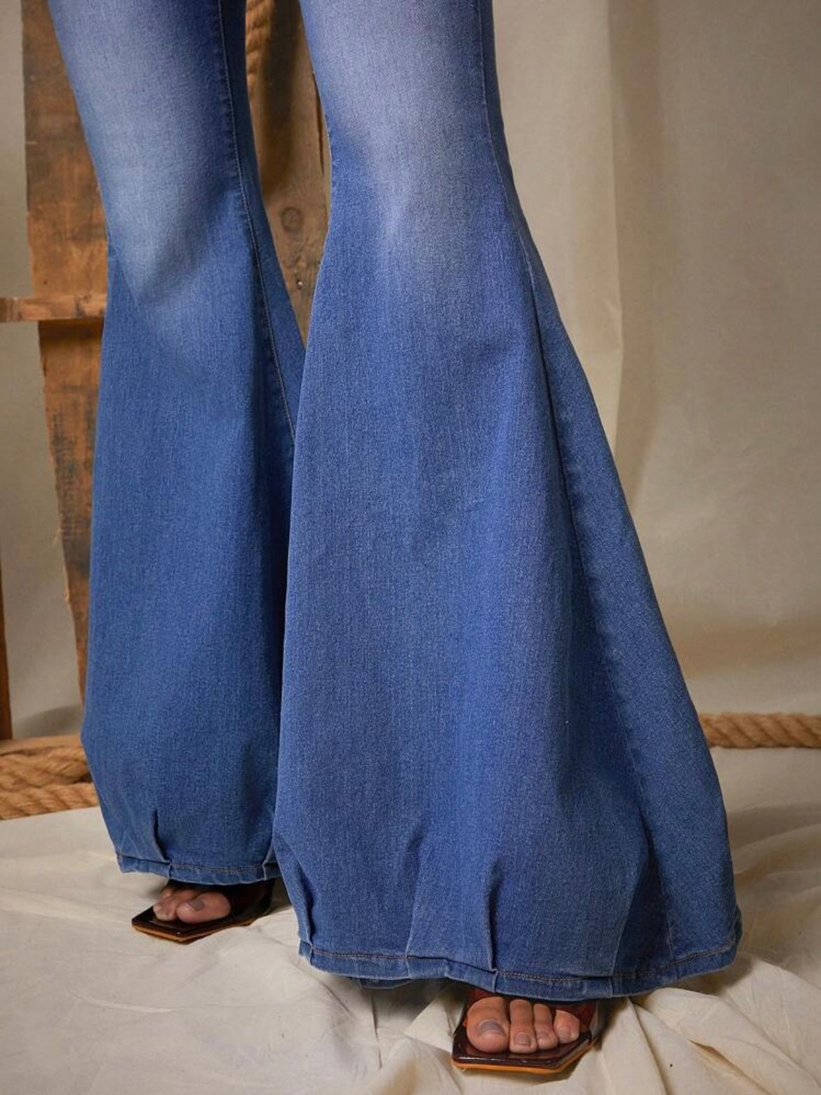 CM-BS919313 Women Casual Seoul Style Dark Wash Front Button High Waist Flare Leg Denim Pants