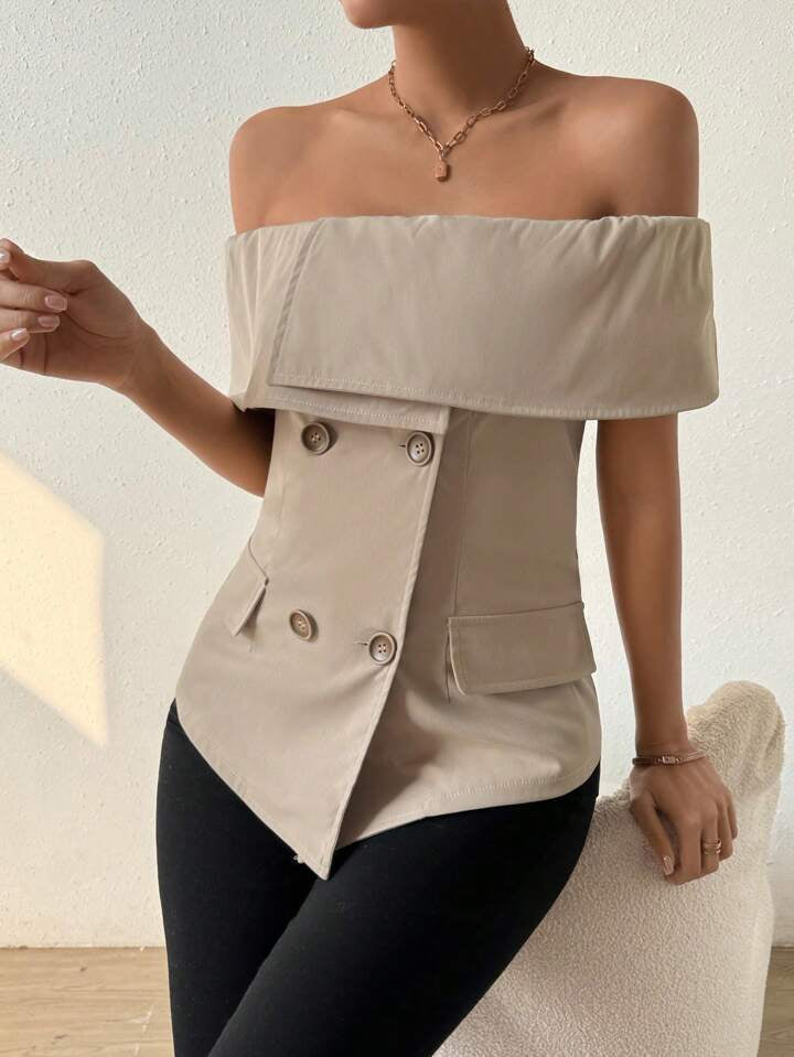 CM-TS245285 Women Casual Seoul Style Off-Shoulder Bandeau Neckline Slim Fit Shirt