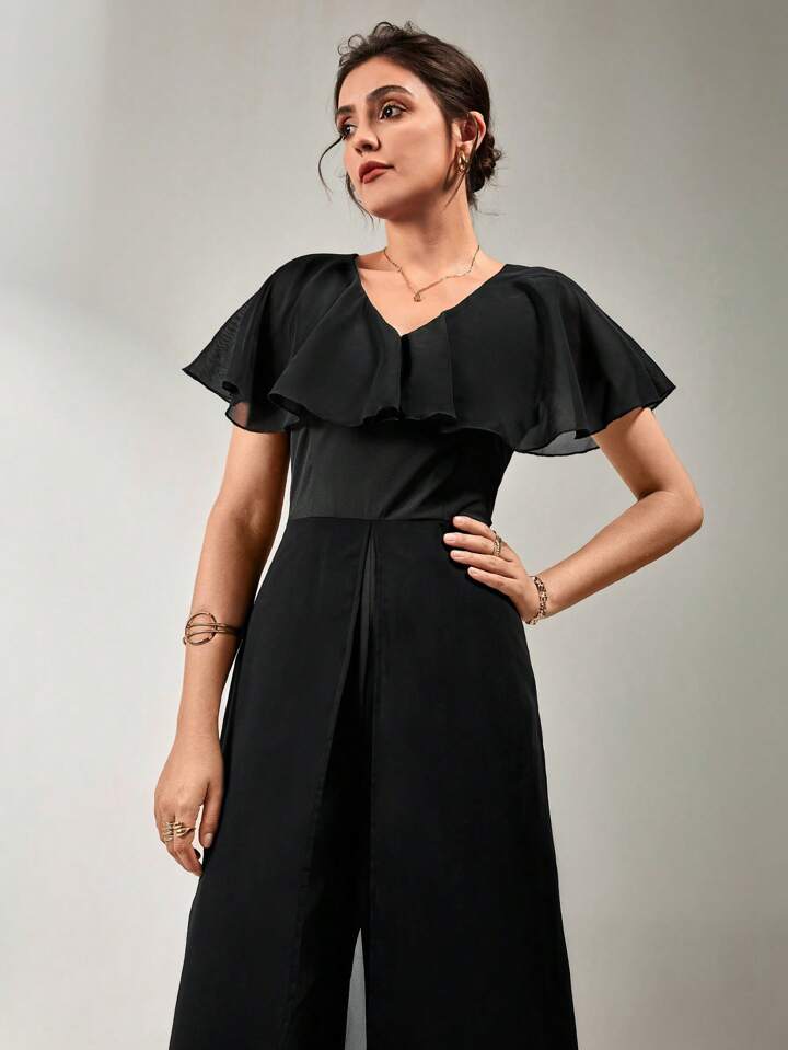 CM-JS857936 Women Elegant Seoul Style V-Neck Flounce Sleeve Ruffled Chiffon Jumpsuit - Black