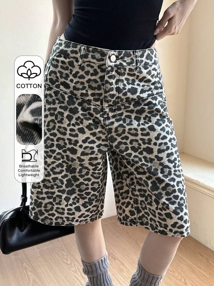 CM-BS269781 Women Casual Seoul Style Mid Waist Print Loose Bermuda Denim Shorts - Brown