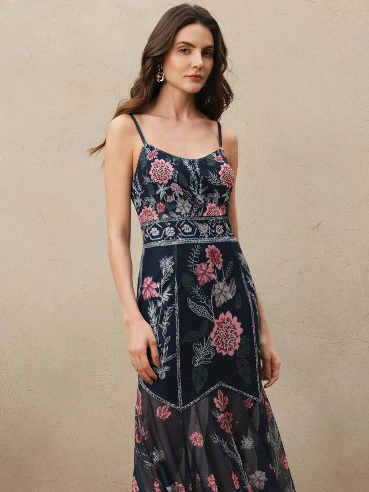 CM-DS054696 Women Elegant Seoul Style Floral Splice Printed V-Neck Sleeveless Mermaid Hem Dress - Blue