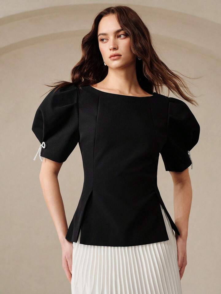 CM-TS263228 Women Elegant Seoul Style Round Neck Puff Sleeve Floral Cuff Pearl Beaded Bow Waist Cut-Out Pleated Top