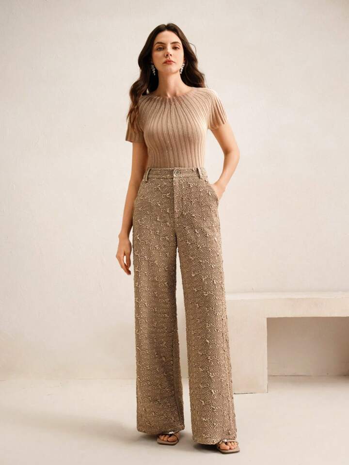 CM-BS456261 Women Elegant Seoul Style Minimalist Textured Wide Leg Pants - Khaki
