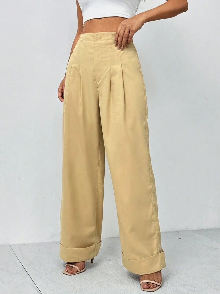 CM-BS628128 Women Casual Seoul Style High Waist Loose Foldover Wide Leg Pants - Khaki