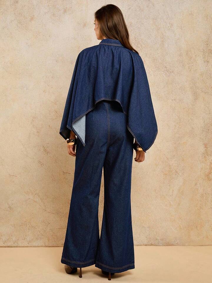 CM-JS335015 Women Casual Seoul Style 2-In-1 Batwing Sleeve Long Sleeve Loose Denim Jumpsuit - Blue