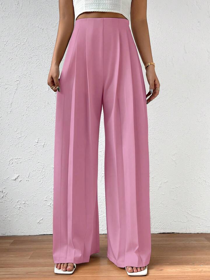 CM-BS903355 Women Casual Seoul Style Elastic Waist Pleated Wide Leg Pants - Pink