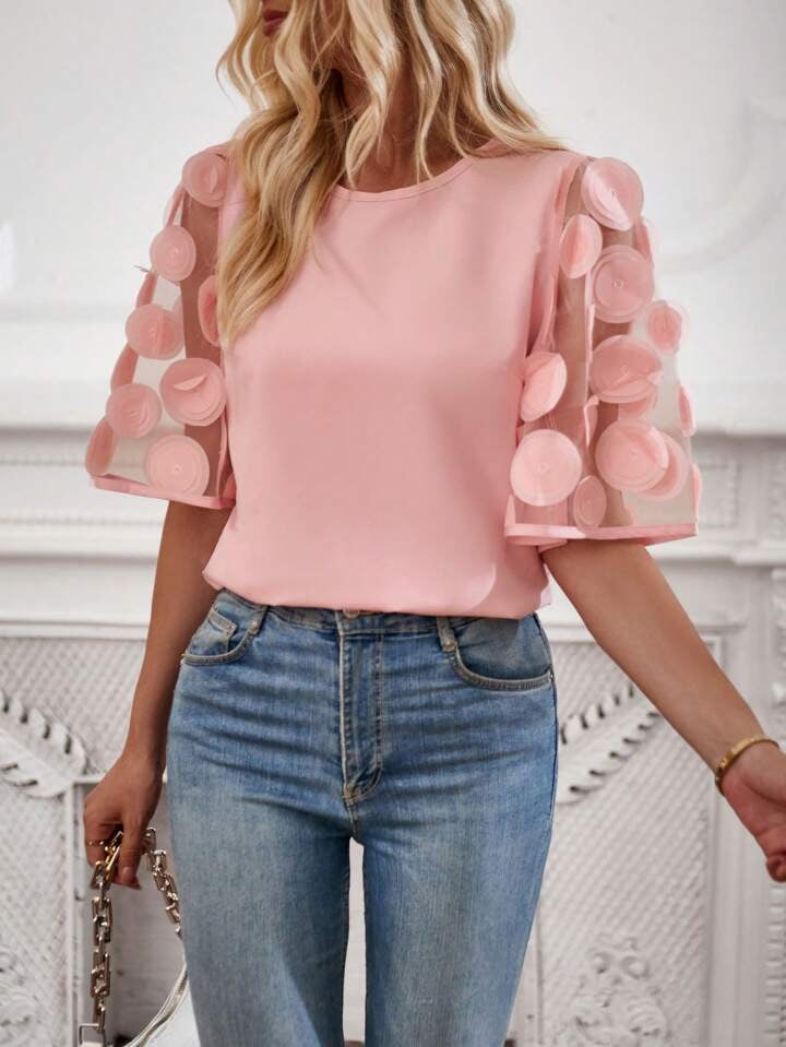 CM-TS116891 Women Casual Seoul Style Round Neck Contrast Mesh Sleeve Blouse - Pink