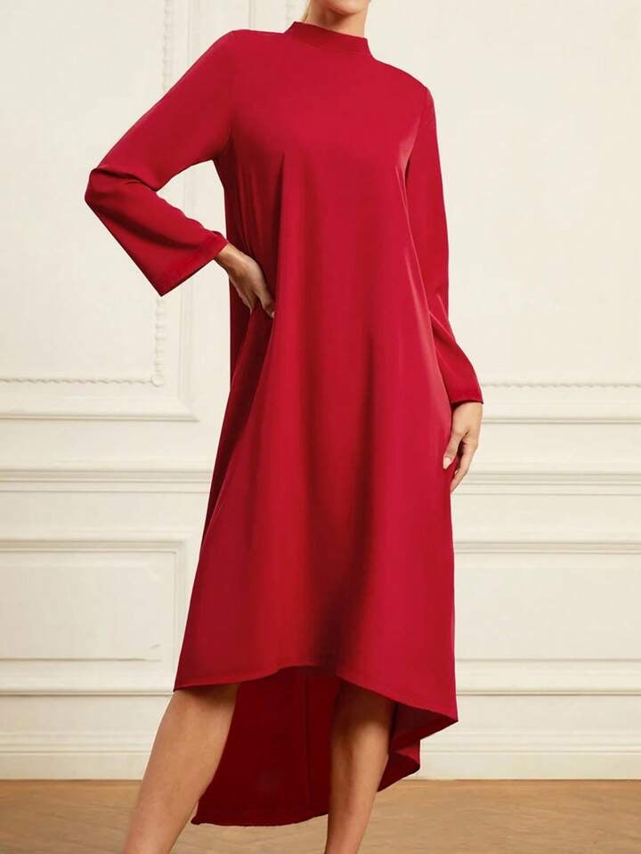 CM-DS107016 Women Elegant Seoul Style High Collar Long Sleeve Mid-Length Dress - Red