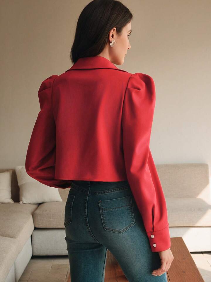 CM-TS919720 Women Elegant Seoul Style Collar Neckline Butterfly Pearl Floral Long Sleeve Blouse - Red