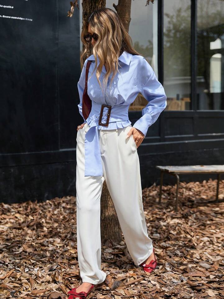 CM-TS071005 Women Casual Seoul Style Oversized Buckle Puff Sleeve Striped Button Up Shirt - Blue