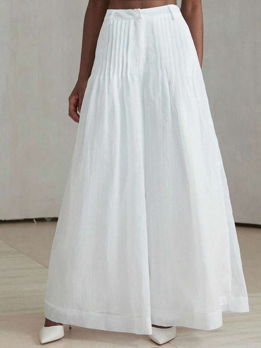 CM-BS884254 Women Casual Seoul Style Mid Elastic Waist Pleated Wide Leg Pants - White
