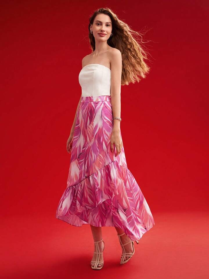 CM-BS335889 Elegant Seoul Style Premium Plant Printed Asymmetrical Ruffle Hem Skirt
