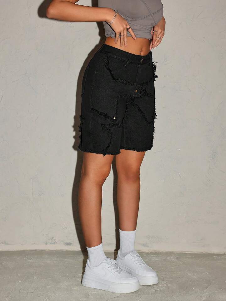 CM-BS963154 Women Casual Seoul Style Patchwork Frayed Hem Bermuda Denim Shorts - Black