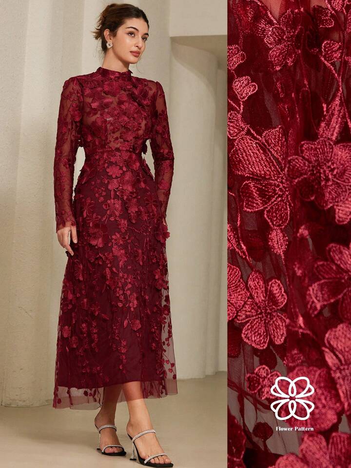 CM-DS735113 Women Elegant Seoul Style Stand Collar Cinched Waist 3D Floral Embroidery Dress - Red Violet