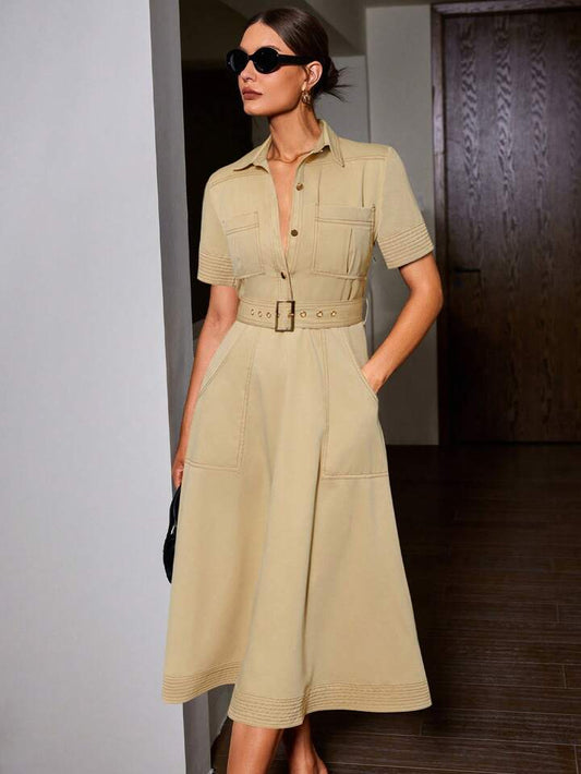 CM-DS136677 Women Elegant Seoul Style Denim-Like Collared Contrast Color Short Sleeve Belted Dress - Khaki