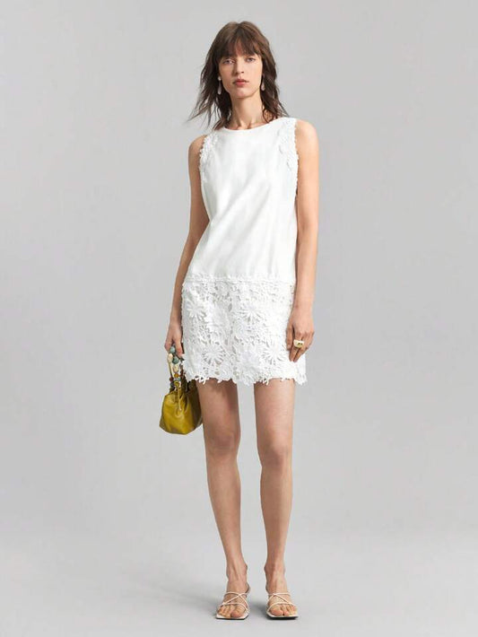 CM-DS603272 Women Elegant Seoul Style Solid Color Lace Patchwork Round Neck Sleeveless Mini Dress
