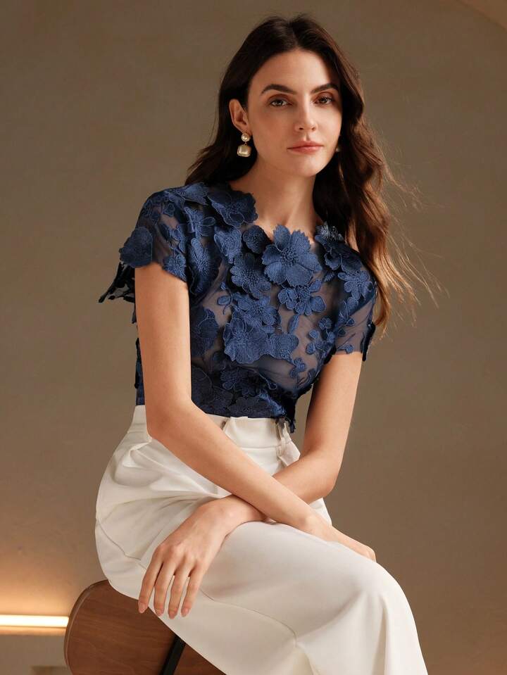 CM-TS154467 Women Elegant Seoul Style Round Neck Flounce Sleeve Embroidery Floral Applique Blouse - Navy Blue