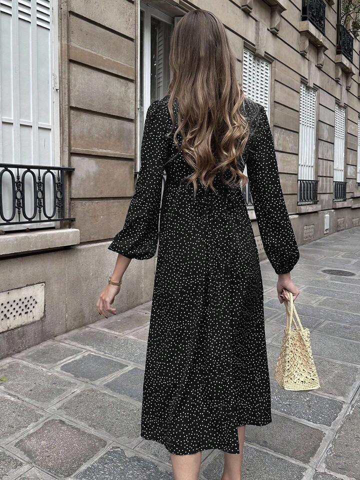 CM-DS602377 Women Casual Seoul Style V-Neck Puff Sleeve Floral Lace Patchwork Polka Dot Dress - Black
