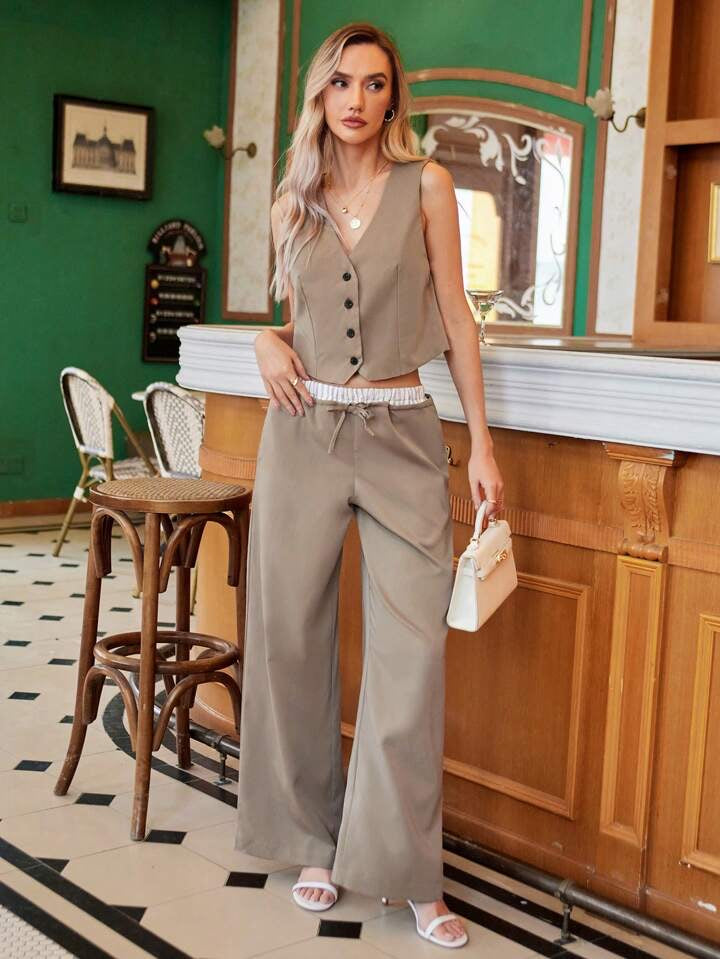 CM-SS652264 Women Casual Seoul Style Single-Breasted Vest And Waist Tie Pants Set - Khaki