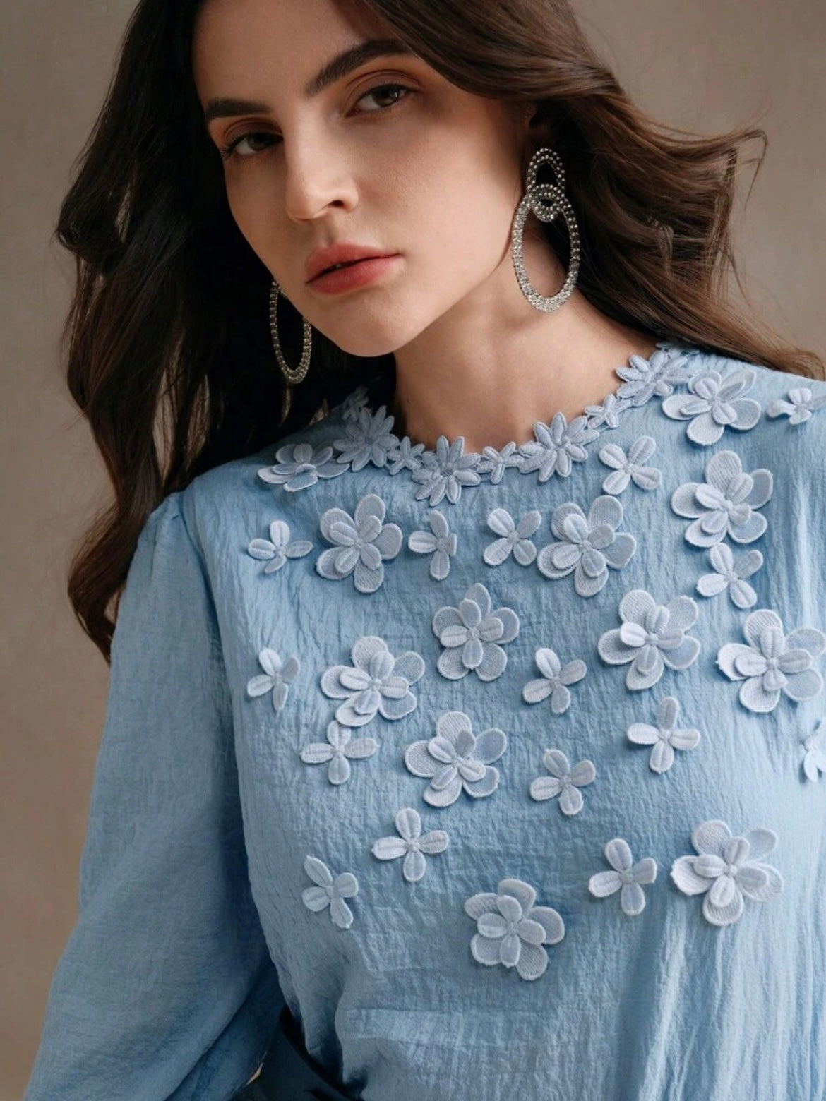 CM-TS969793 Women Elegant Seoul Style Embellished Textural Floral Lantern Sleeve Blouse - Blue