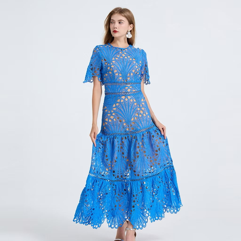 CM-DY053337 Women Elegant European Style Round Neck Short Sleeve High Waist Hollow Splice Long Dress - Blue