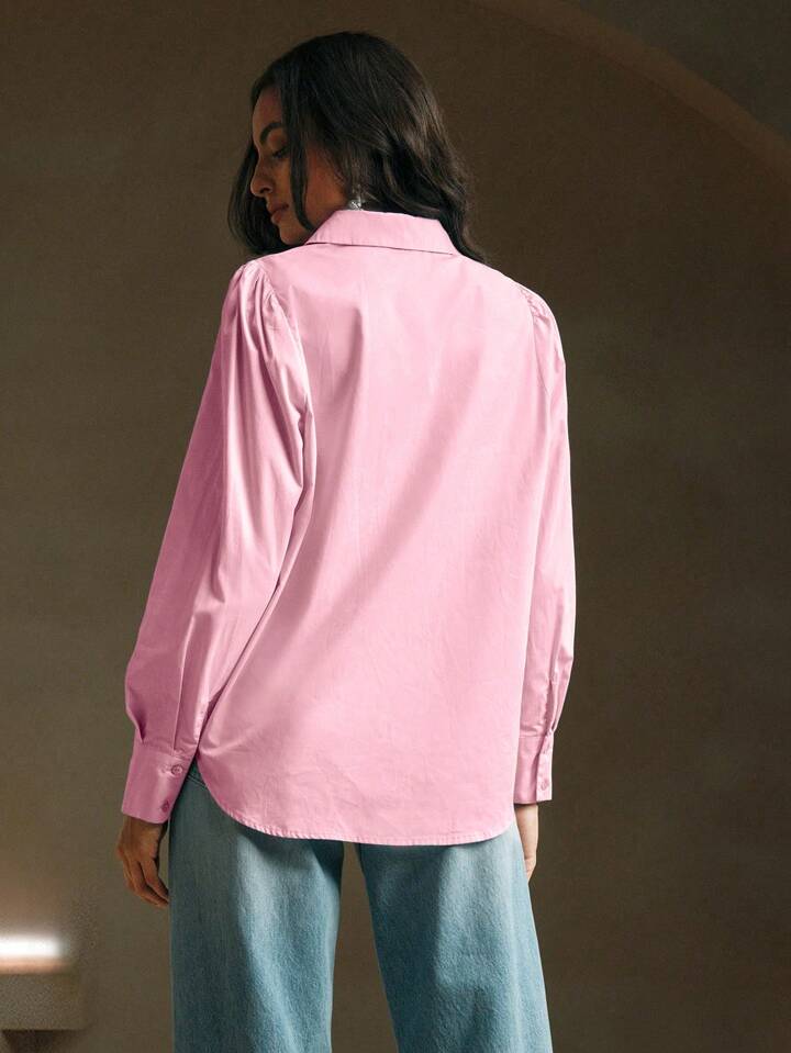 CM-TS514874 Women Elegant Seoul Style Long Sleeve Rhinestone Button Blouse - Pink