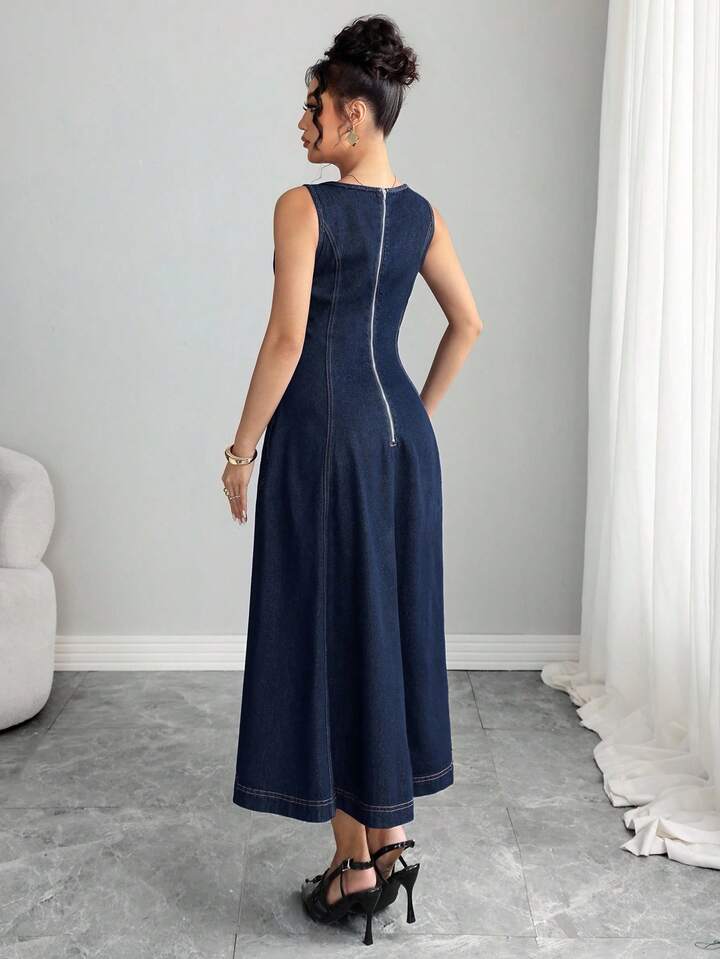 CM-DS167300 Women Elegant Seoul Style Dark Wash Square Neck Sleeveless High Waist Midi Denim Dress