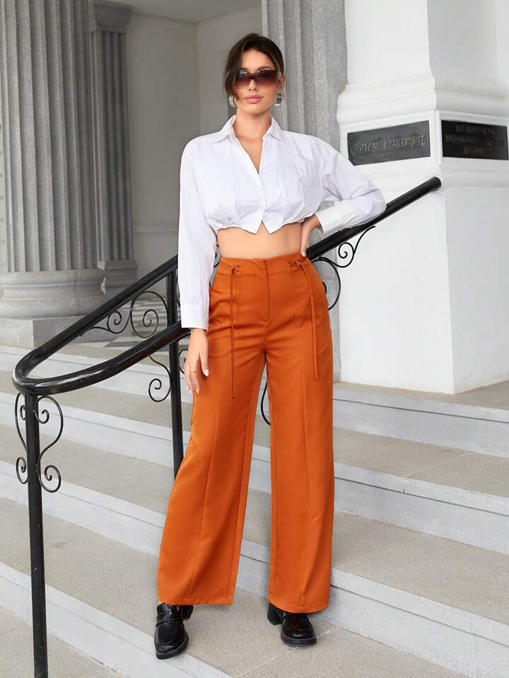 CM-BS119149 Women Casual Seoul Style Belted Wide Leg Trousers - Coral Orange