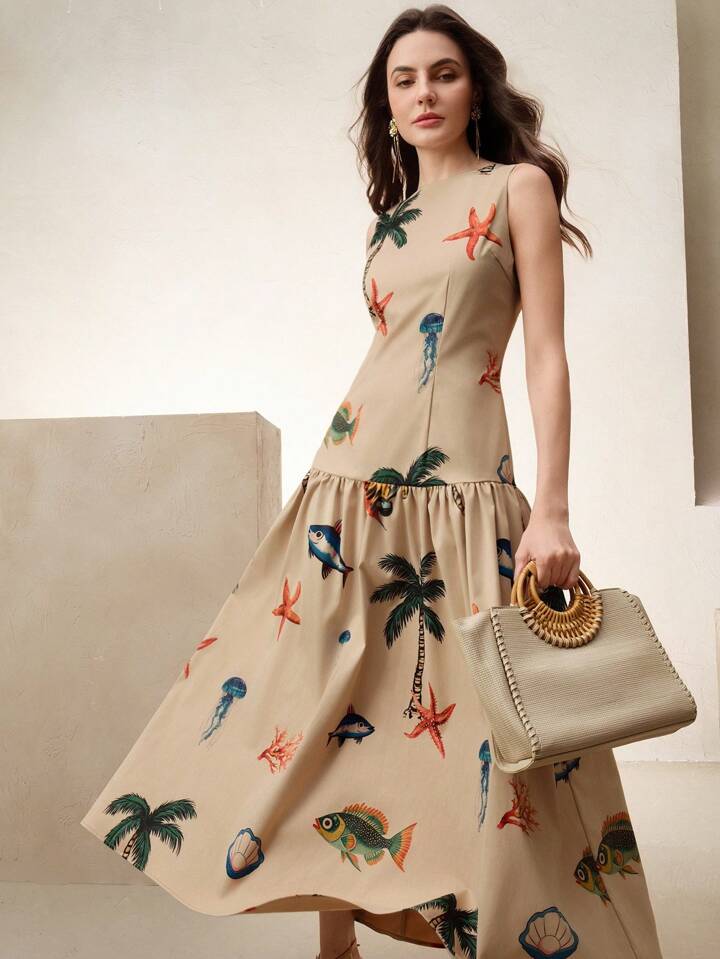 CM-DS821000 Women Elegant Seoul Style Round Neck Sleeveless Ruched Waist A-Line Maxi Dress - Khaki