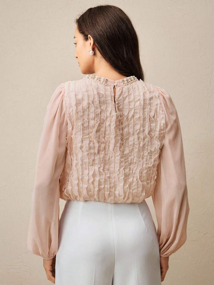 CM-TS386808 Women Elegant Seoul Style Pearl And Rhinestone Embellish Loose Lantern Sleeve Blouse - Pink