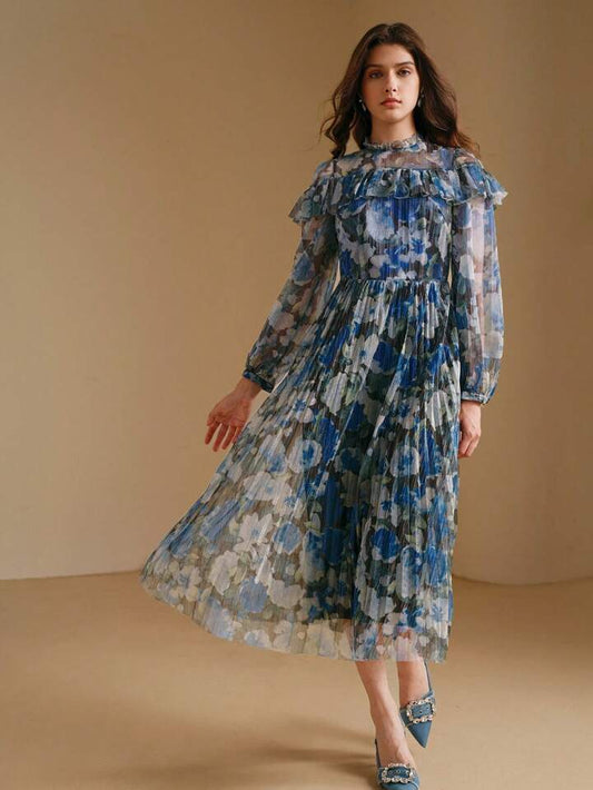 CM-DS839272 Women Elegant Seoul Style Stand Collar Bell Sleeve Ditsy Floral Ruffled Dress - Blue