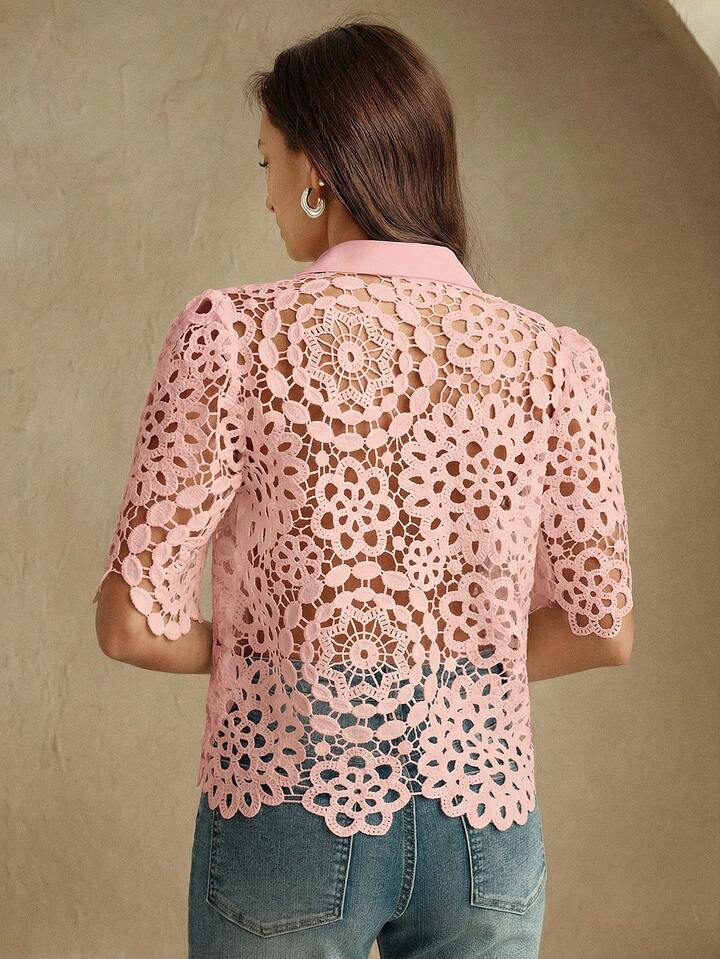 CM-TS474111 Women Casual Seoul Style Collar Neckline Half Sleeve Floral Hollow Out Lace Shirt Blouse - Pink