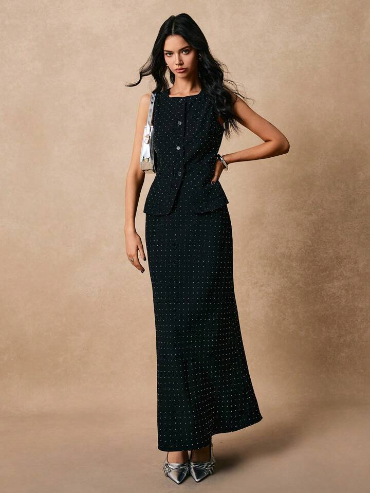 CM-SS282041 Women Elegant Seoul Style Front Buttoned Sleeveless Top With Long Skirt - Set